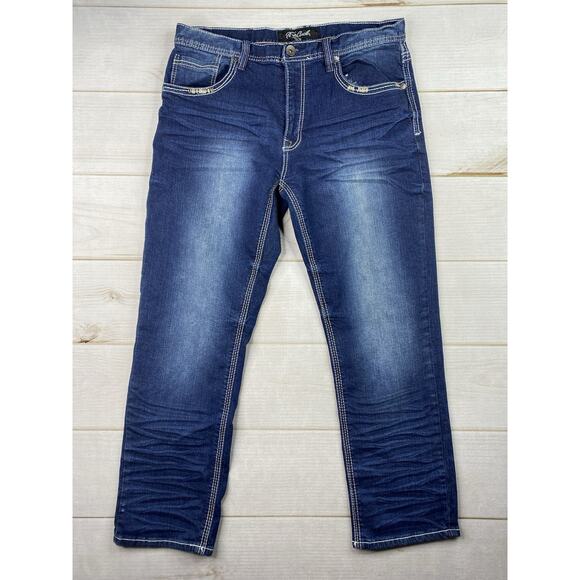 True Luck Jeans Mens 36x30 Blue Denim Dark Wash Straight Leg Distressed Stretch - Picture 1 of 10